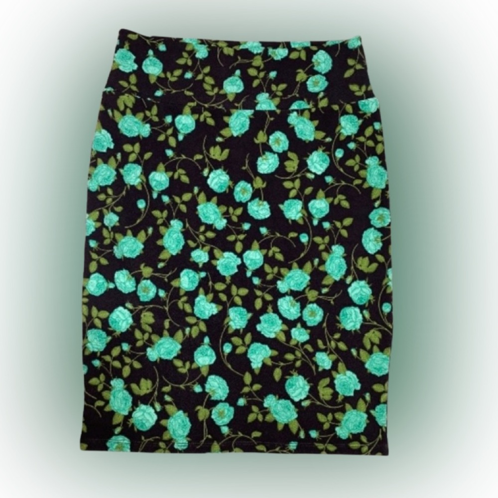 NWT Floral Black and Turquoise Rose Stretchy Pencil Skirt - Picture 4 of 5